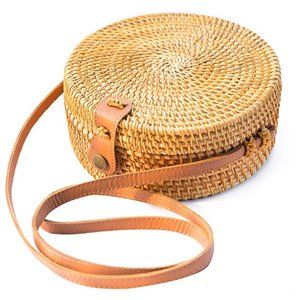 Anthropologie Hand-woven Leather Round Rattan Bag